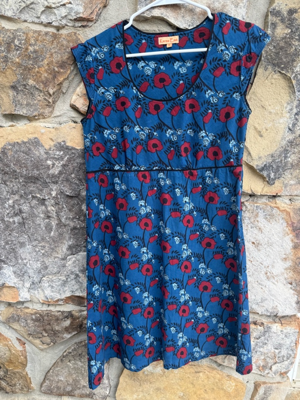 Karma East Blue Cap Sleeve Mini Dress Poppy Print Teacher Retro Medium